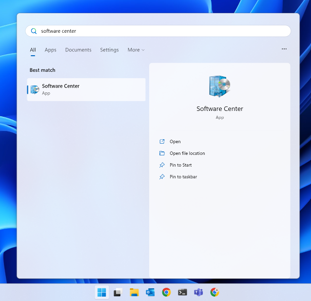 Searching the Start menu for software center