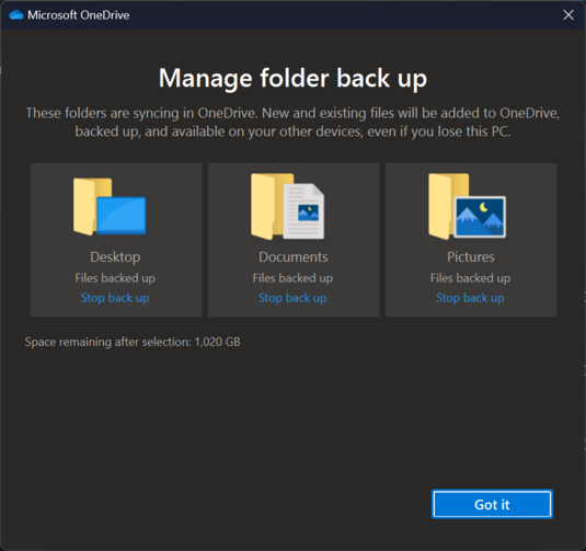 Screenshot showing OneDrive backup configuration, with each item having a 'Files backed up' label